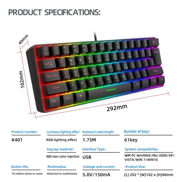 Keyboard Gaming RGB Backlit Mechanical YFruitful  Feel 61 Key Wired - Black - Gambar 2